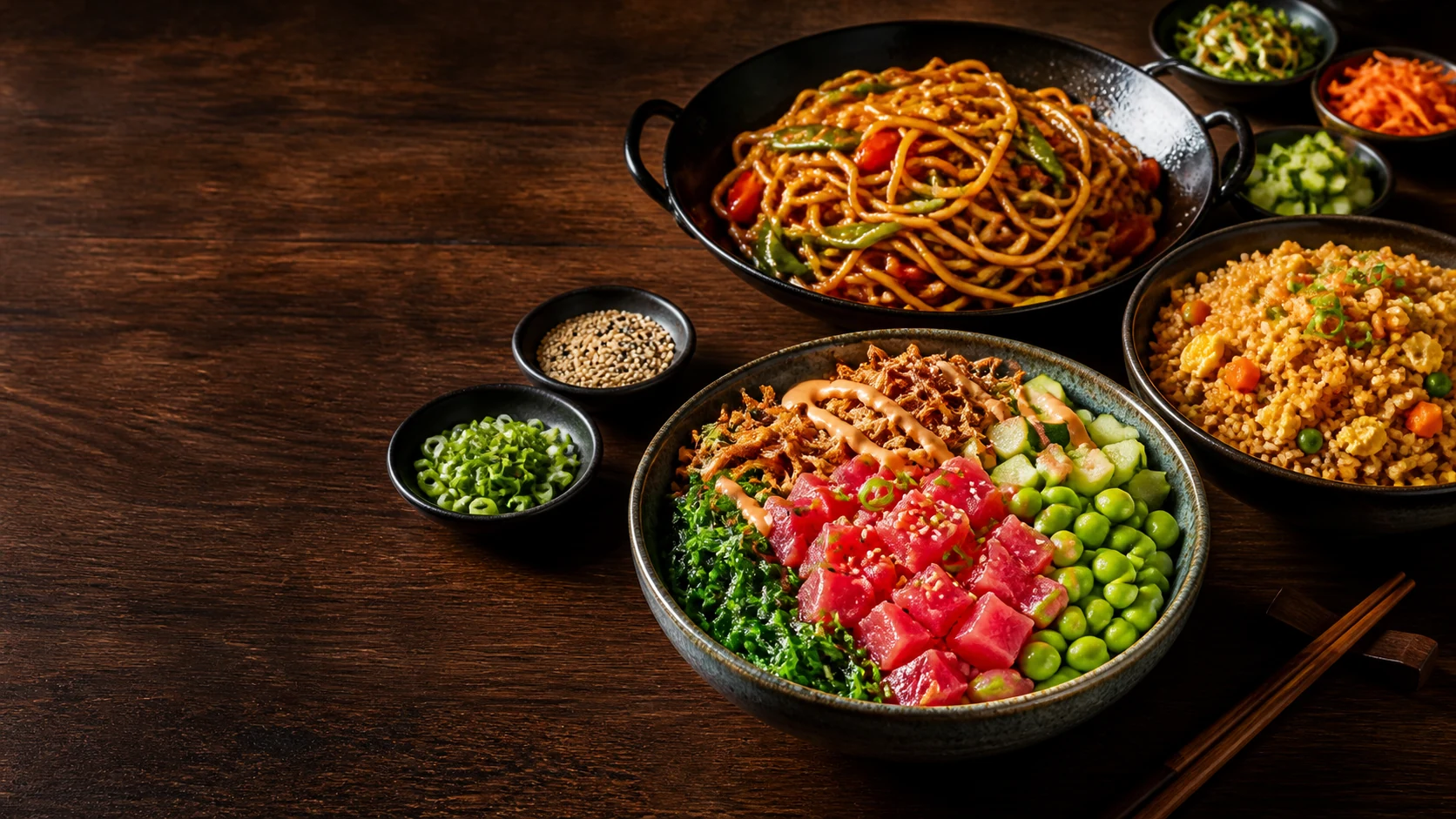 Tuna poke, wok noodles and fried rice