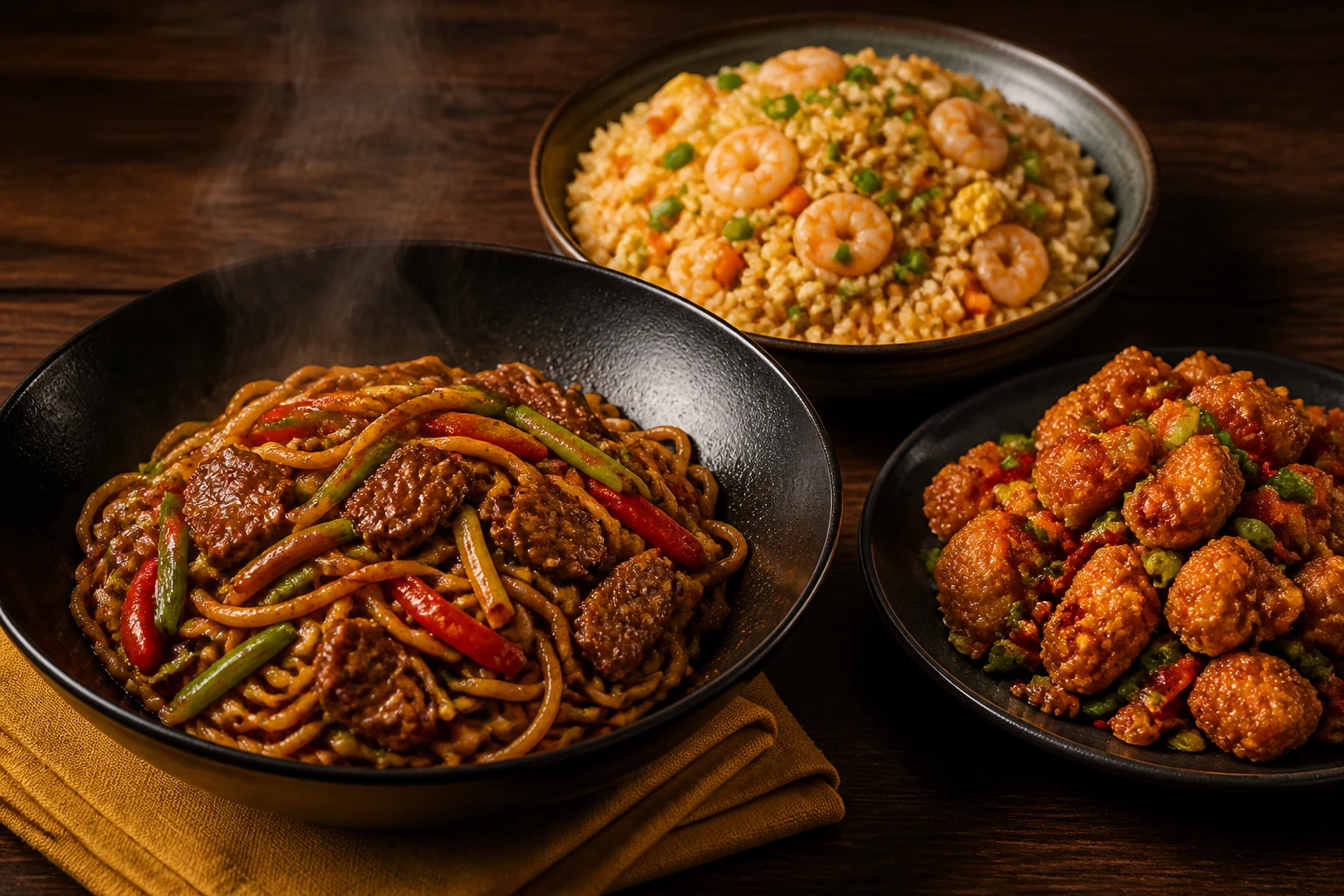 Beef noodles, shrimp fried rice and spicy chicken bites